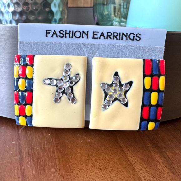 Vintage Jewelry - Vintage Enamel Square Star Earrings